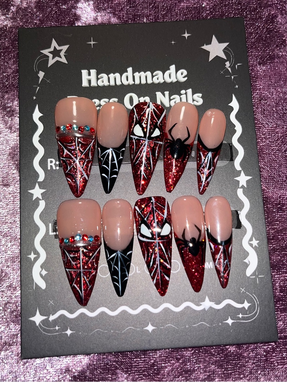 Handmade Spiderweb & Glitter Stiletto Press-On Nails - Pink and Red
